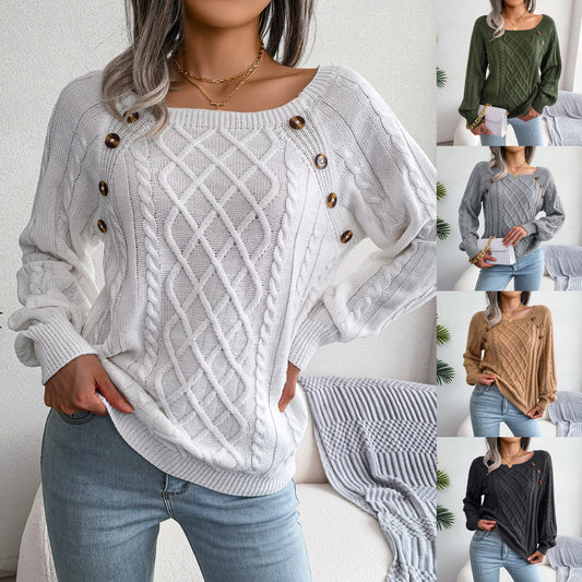 Square Neck Button Fried Dough Twist Knitting Sweater