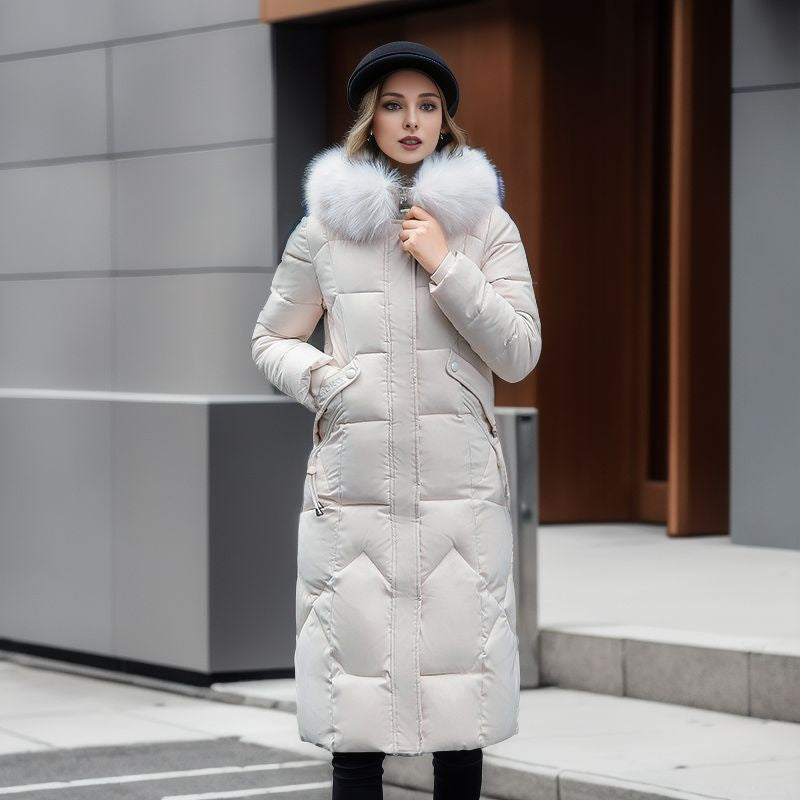 Women's Medium Length Slim Fit Knee Length Large Woolen Collar Cotton Jacket
