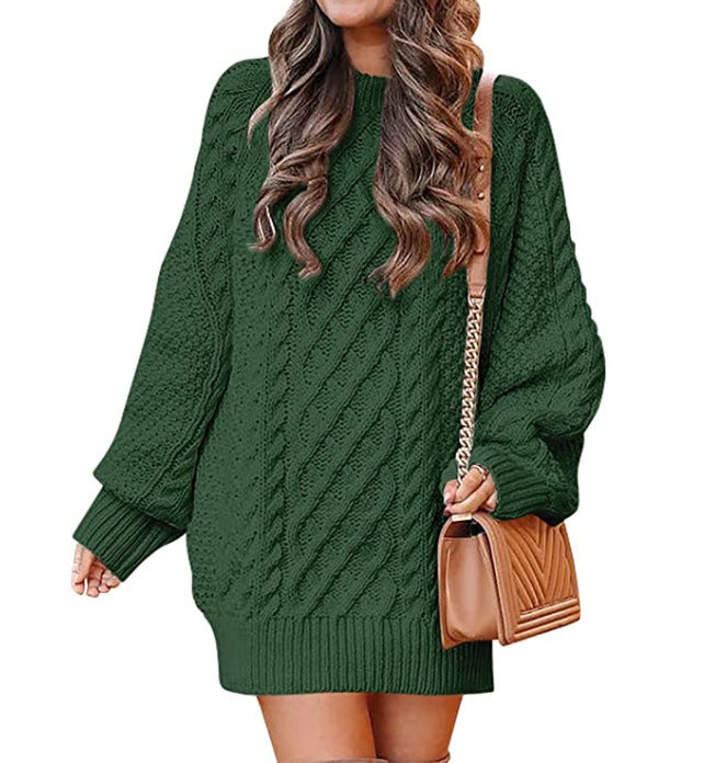 Women's Round Neck Long Sleeve Twisted Knitted Mid-length Dress Sweater