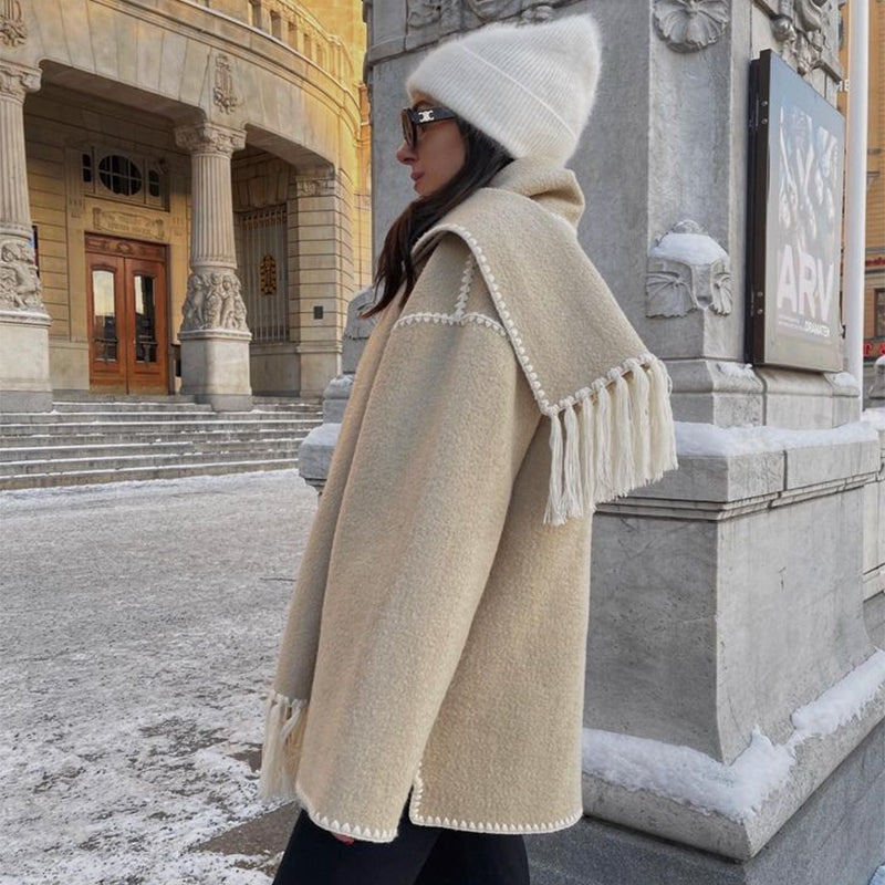 Women's Thickened Woolen Coat With Scarf Tassel Fashion Loose Jacket Autumn And Winter Casual Lady Office Streetwear