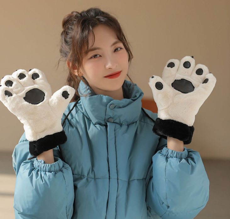 Cute Cartoon Bear Claw Plush Gloves Female Winter Warm Fleece-lined Thickened Hand-shaped Brush Road Bike Skiing