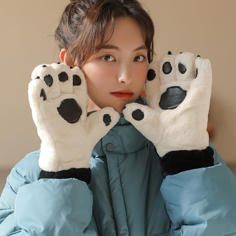 Cute Cartoon Bear Claw Plush Gloves Female Winter Warm Fleece-lined Thickened Hand-shaped Brush Road Bike Skiing