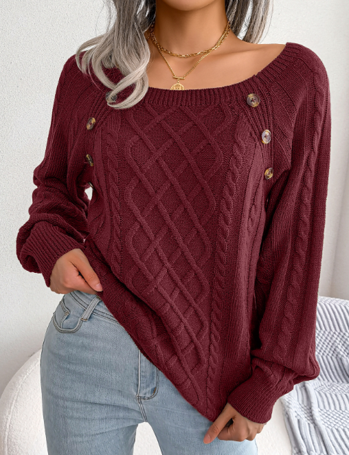 Square Neck Button Fried Dough Twist Knitting Sweater