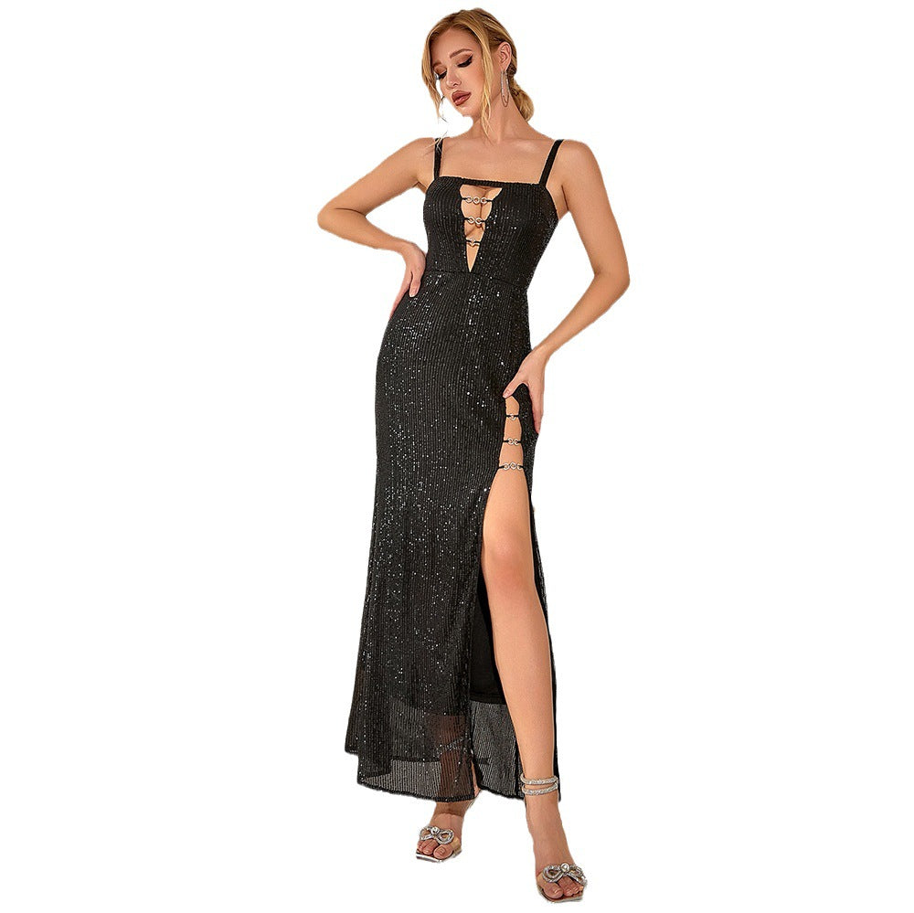 Elegant Elegant Hollow Out High Slit Sequin Sling Evening Party Dress