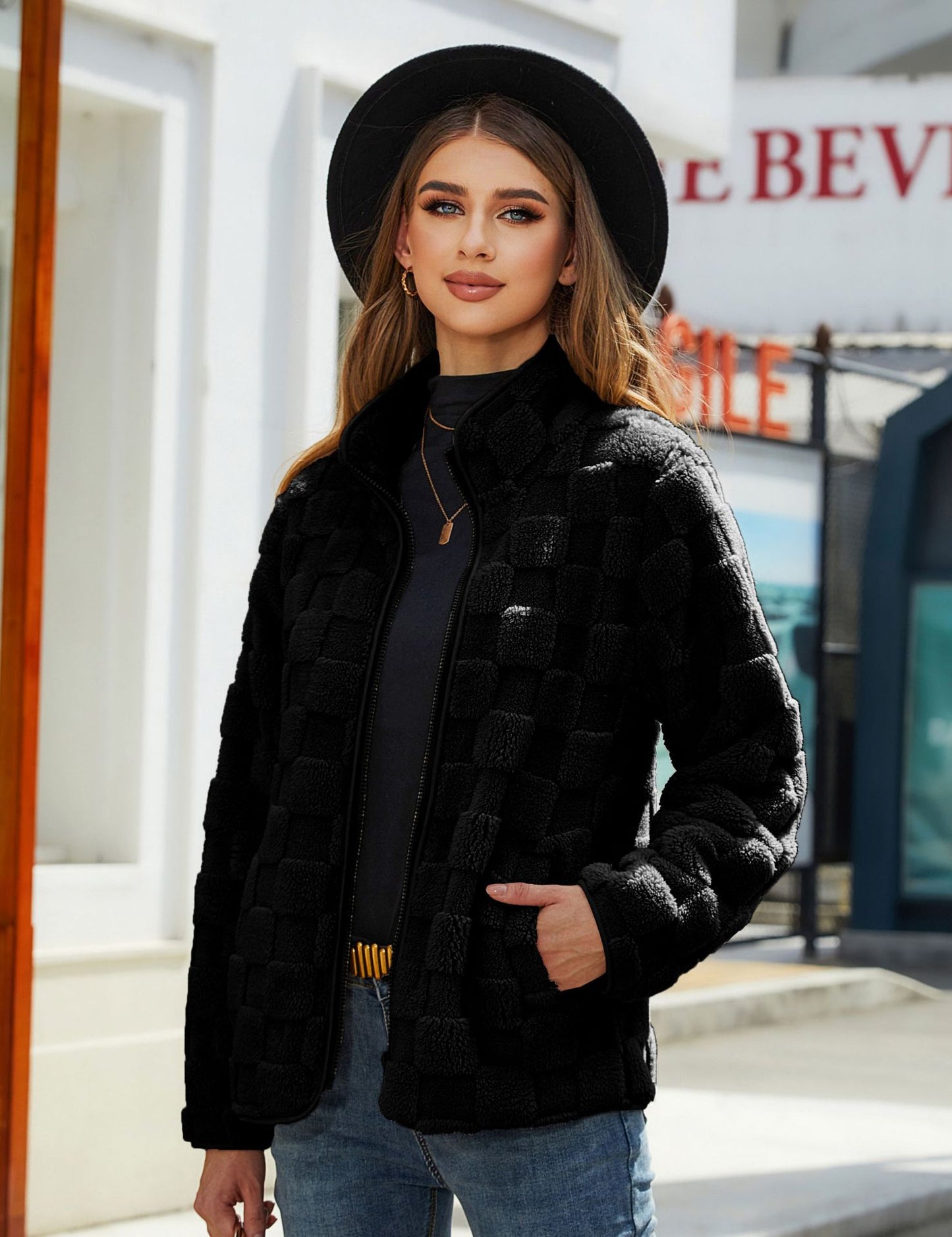 Stand-up Collar Plush Jacket Winter Long-sleeved Loose Zipper Cardigan Fashion Solid Color Checkerboard Design Coat Women Outwear