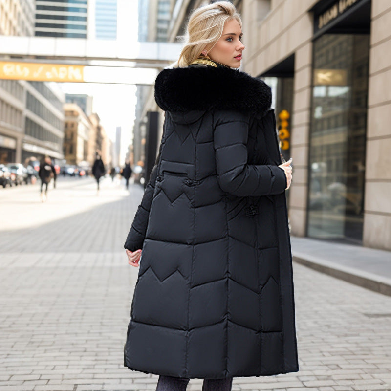 Winter Long Coat With Thickened Fur Collar Straight Slim Cotton-padded Jacket Women