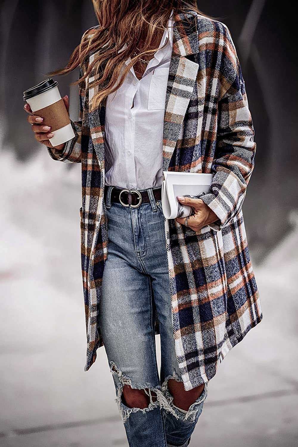 Fashion Plaid Long Jacket With Pockets Autumn And Winter New Style Turndown Collar Woolen Coat Outdoor Women Clothing