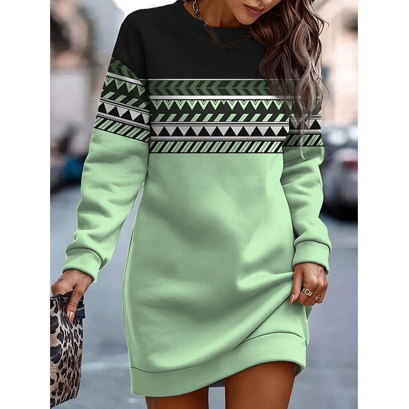 Printed Contrast Color Round Neck Sweater Dress