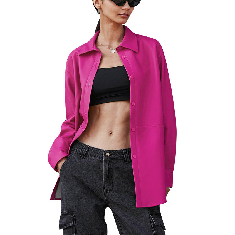 Fashion Long Sleeve Women's PU Shirt Leather Coat