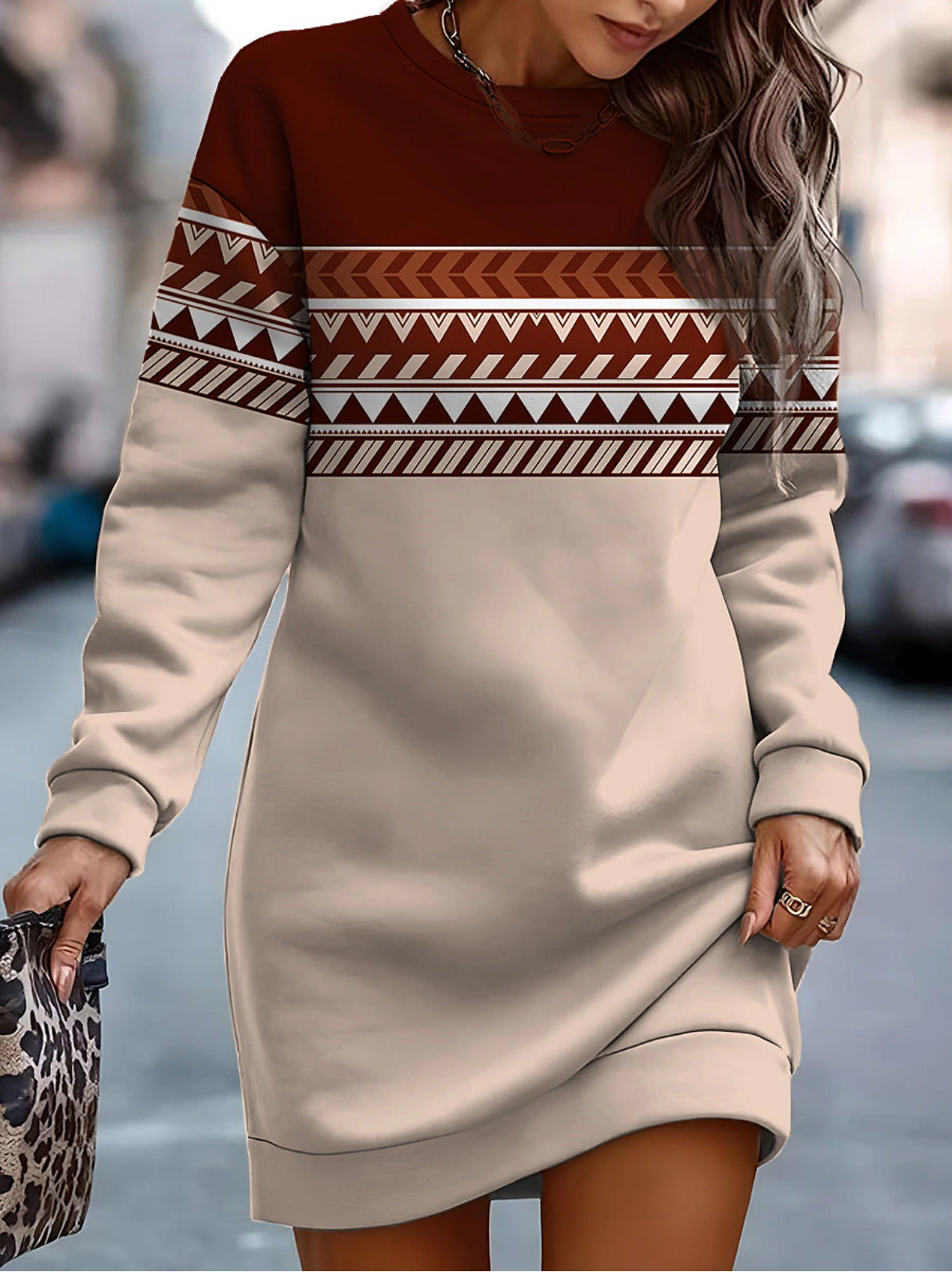 Printed Contrast Color Round Neck Sweater Dress