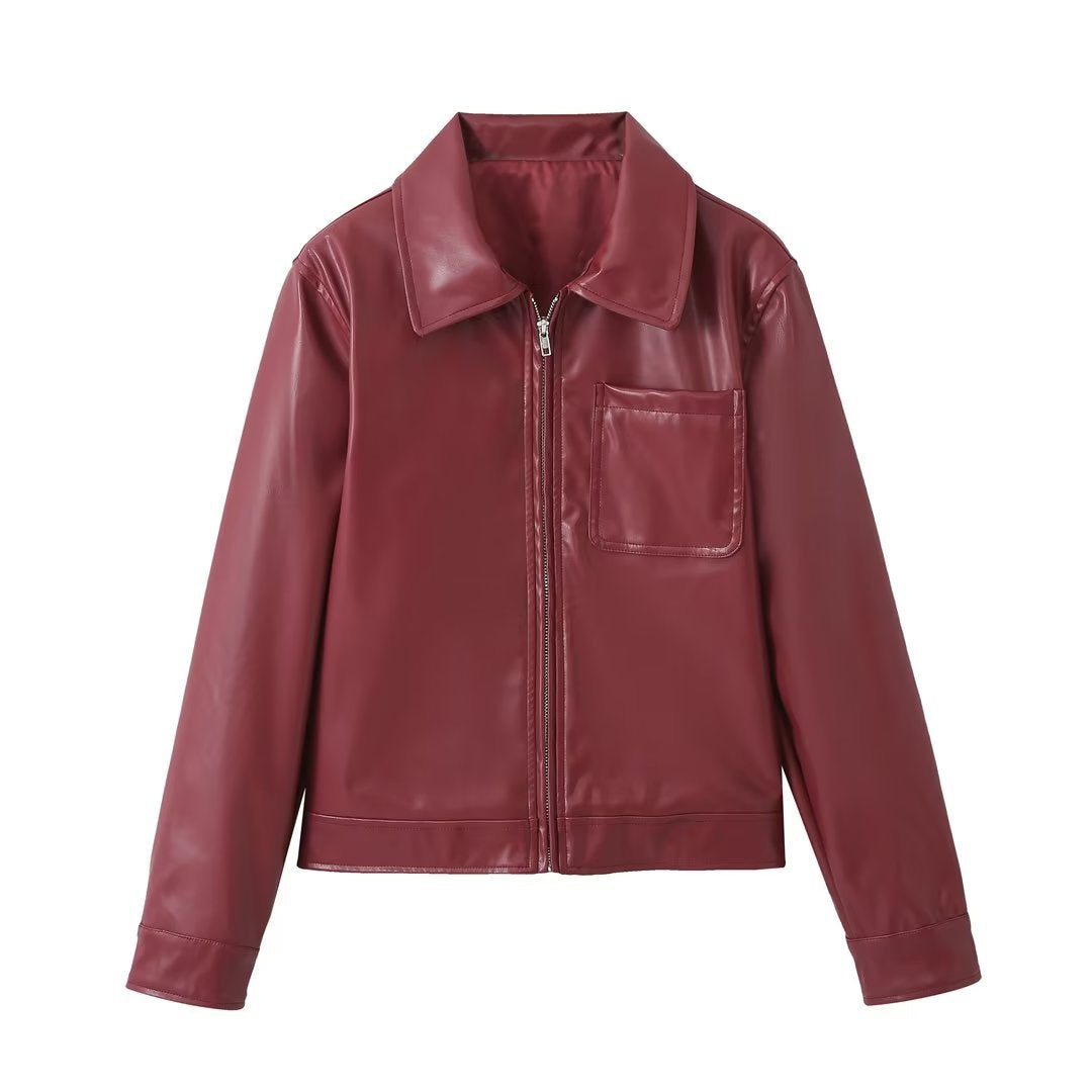 Retro Fashion Polo Collar Advanced PU Leather Jacket Coat
