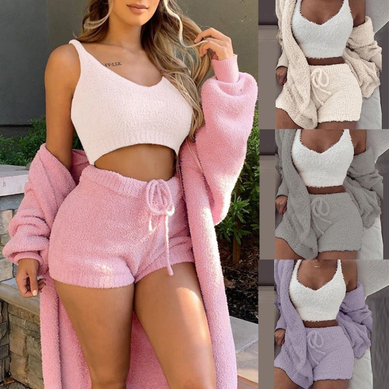 Winter Sexy Women Home Wear Suit Casual Pajamas Set Lady Female Soft Warm Long Sleeve Exposed Navel Vest Shorts Set