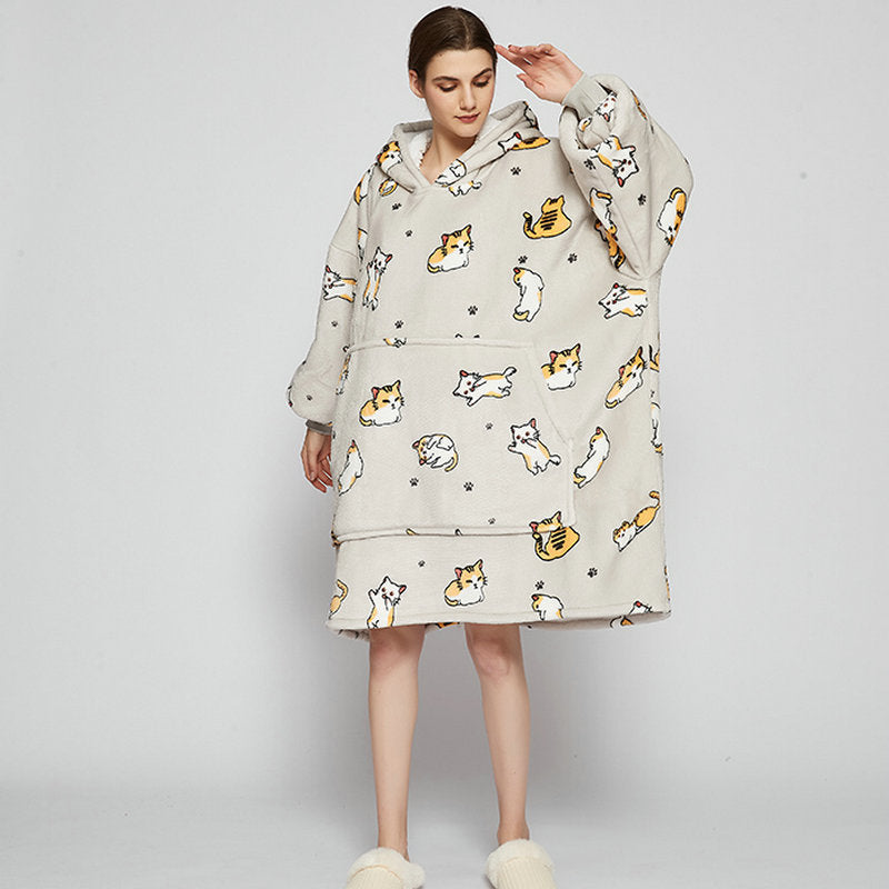Ovesized Wearable Blanket Hoodie Winter Cute Print Fleece Sleepwaer Warm And Cozy Sofa Homewaer