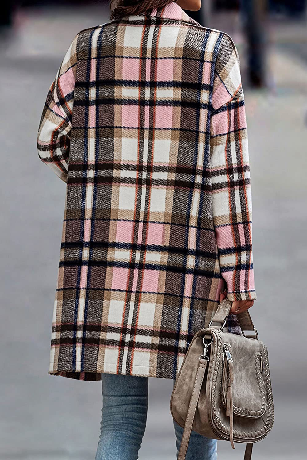Fashion Plaid Long Jacket With Pockets Autumn And Winter New Style Turndown Collar Woolen Coat Outdoor Women Clothing